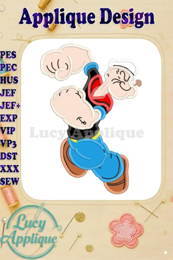Main image showcasing a vibrant Popeye applique embroidery design, ready to be stitched. Various machine formats are listed for compatibility.