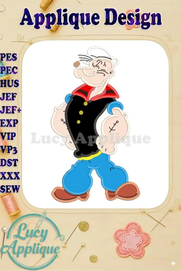 Popeye applique embroidery design showcasing the main image. Includes various machine embroidery formats such as PES, PEC, HUS, JEF, JEF