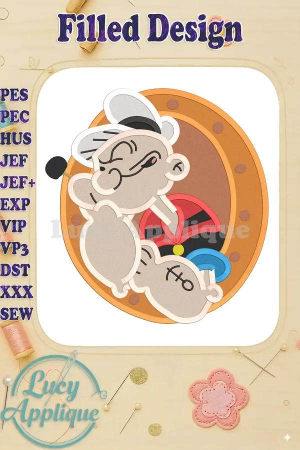 Embroidery design of Popeye the Sailor Man in a porthole, using filled stitching for a classic cartoon look. Perfect for applique projects.