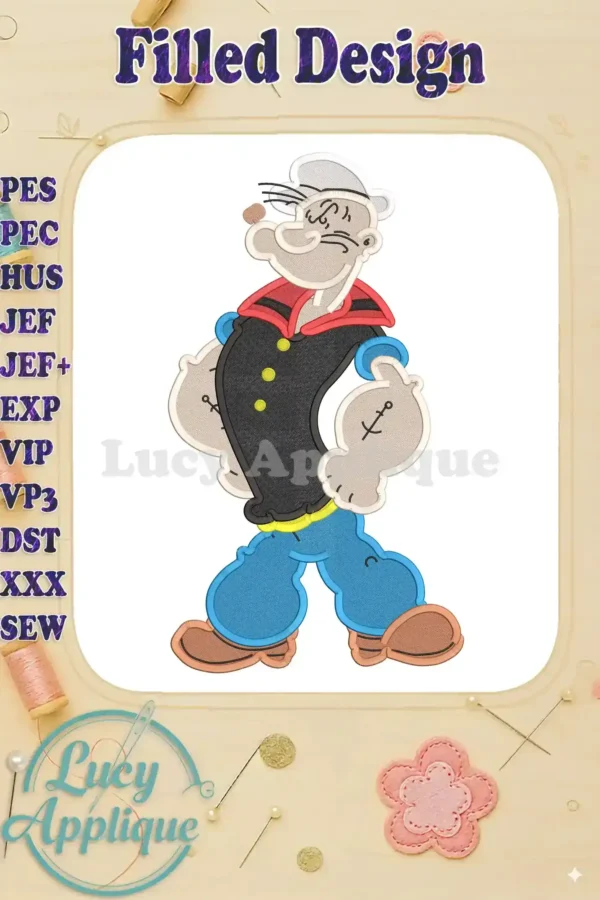 Main image of Popeye filled embroidery design. Shows Popeye in his classic sailor outfit, ready to be stitched. High-quality design, suitable for various projects.