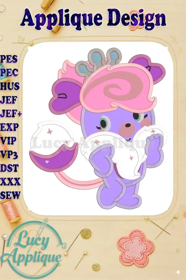 Main image showcasing a charming Popples character applique design, ready to be stitched. Includes various embroidery file formats.