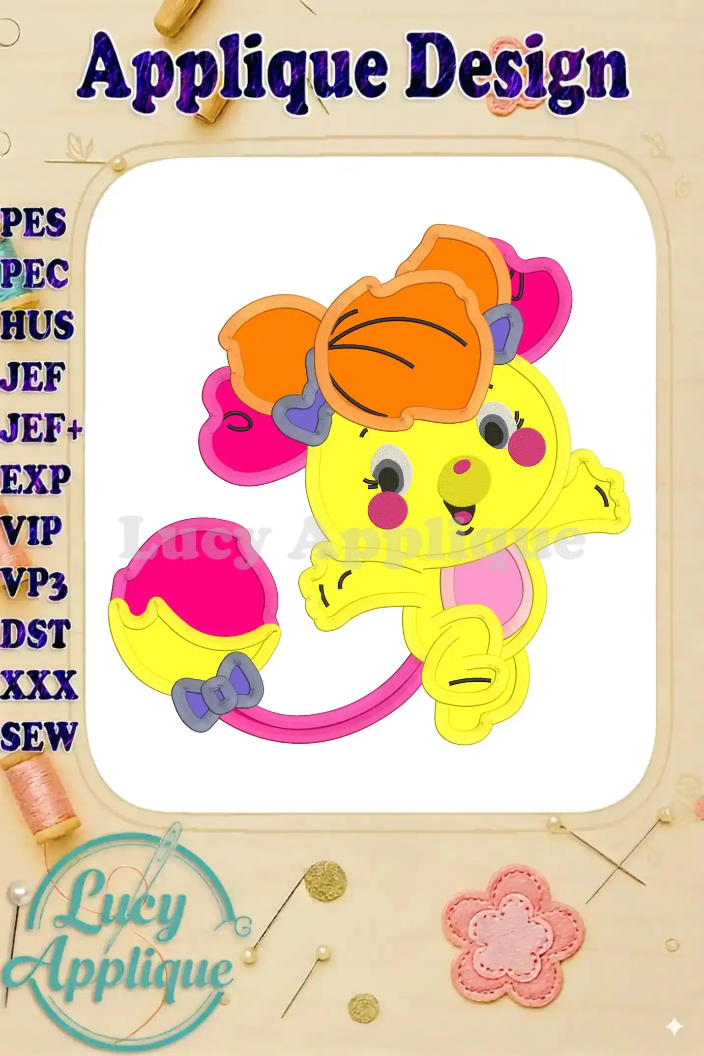 A charming Popples character applique design, ready to be stitched. The design showcases a playful yellow Popple with pink and orange accents, ideal for adding a whimsical touch to any project. Various file formats are listed for easy embroidery machine compatibility.