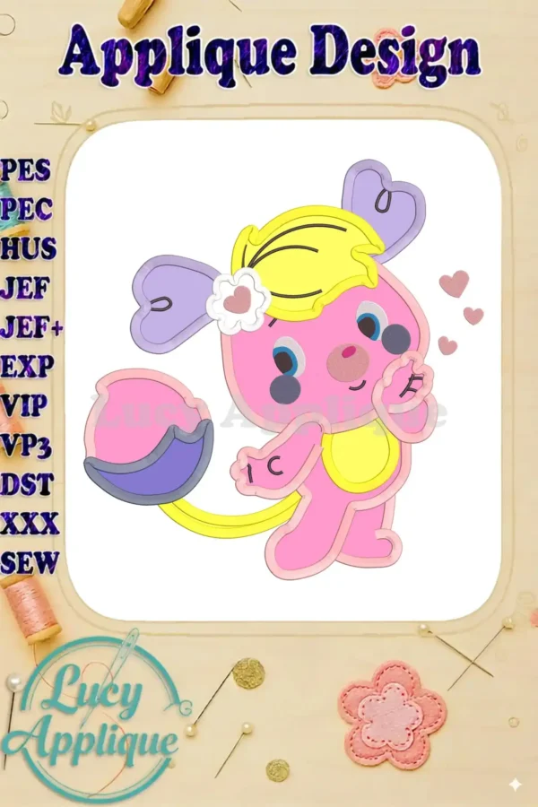 Adorable pink Popples character applique embroidery design, showcasing a playful pose and pastel color scheme. The design includes hearts and a flower detail, adding to its charm.