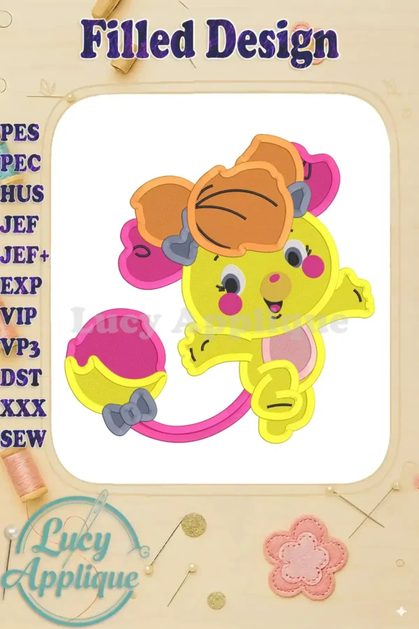Embroidery design of a cute yellow Popples character with pink accents, holding a pink ball. The design is cheerful and playful.