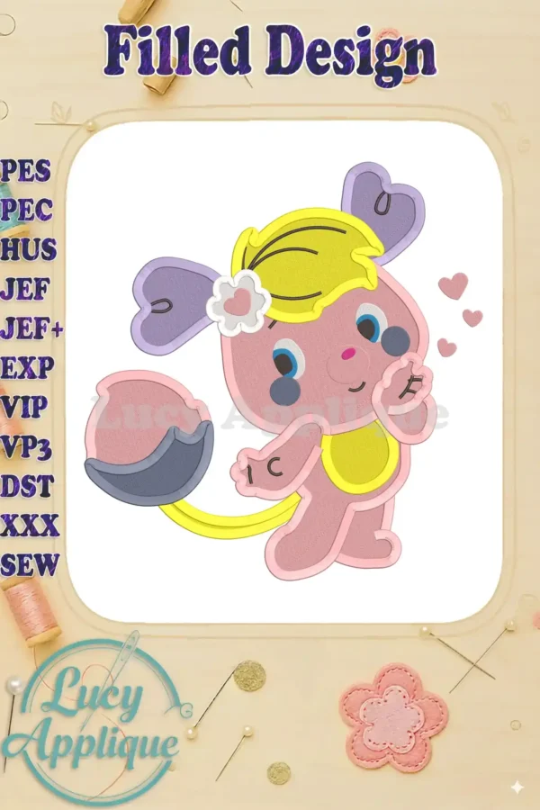 Main image showcasing a completed Popples filled embroidery design; the charming Popples character is stitched in pink and yellow, with added hearts and a flower.