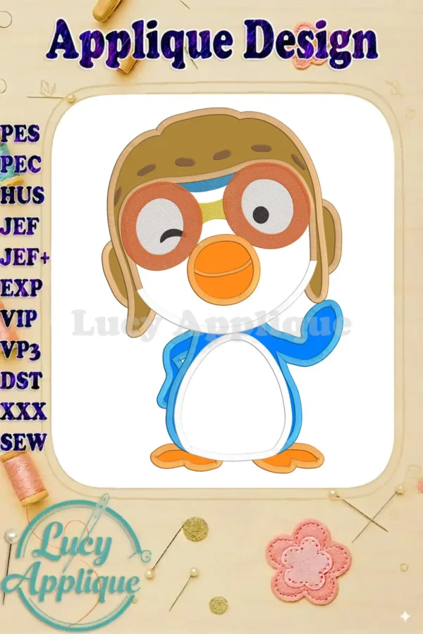 Pororo the little penguin pilot applique embroidery design, shown in multiple formats like PES, JEF, and more, ready to be stitched.