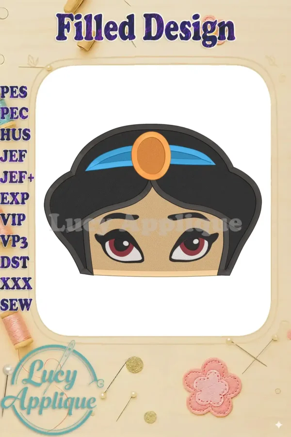 Princess Jasmine's face, a filled embroidery design in teal, orange, and brown. The design is presented on a white background within a decorative frame.