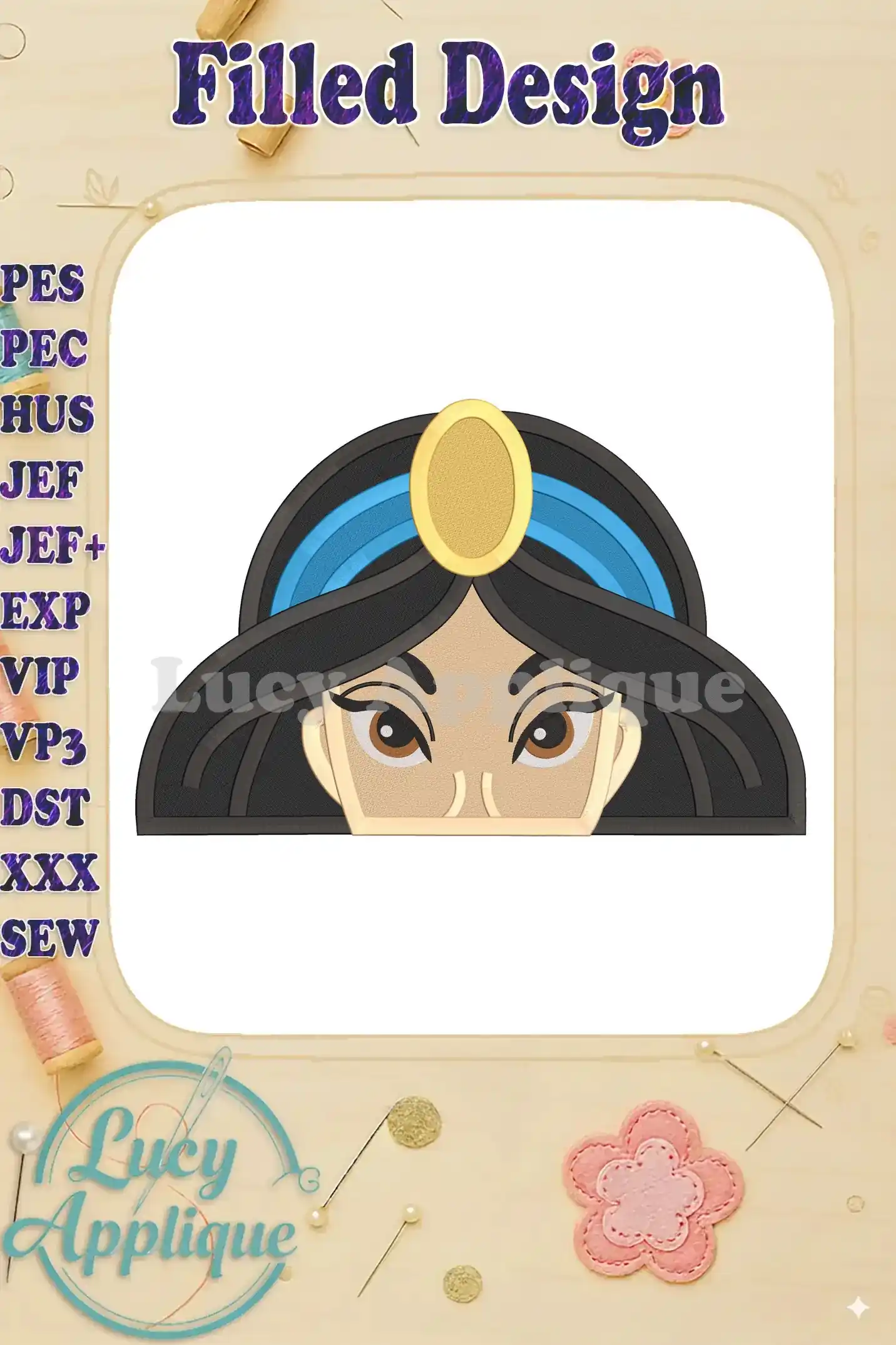 A close-up of a vibrant Princess Jasmine machine embroidery design, showcasing her facial features and headdress. The design is filled and suitable for various embroidery machines.