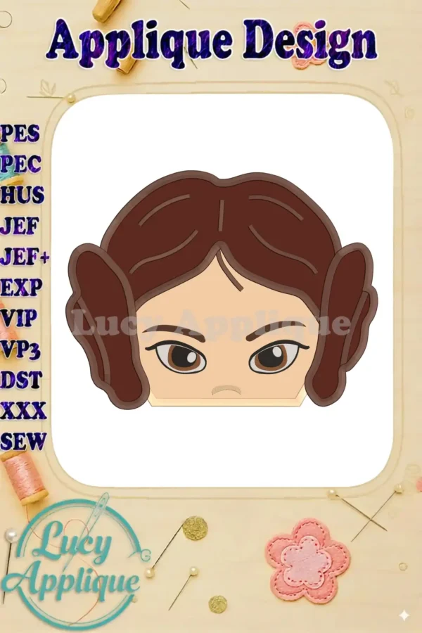 Princess Leia Star Wars applique embroidery design, showcasing a simplified, cute version of the iconic character. The design features brown hair and a determined expression.
