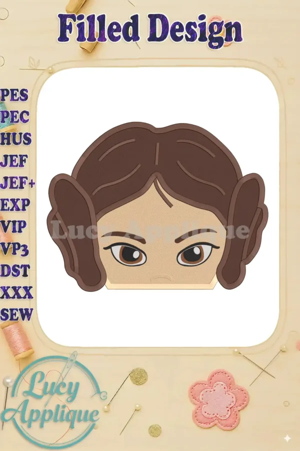 A charming machine embroidery design of Princess Leia from Star Wars. The design is filled and features a simplified, cute portrayal of the iconic character.