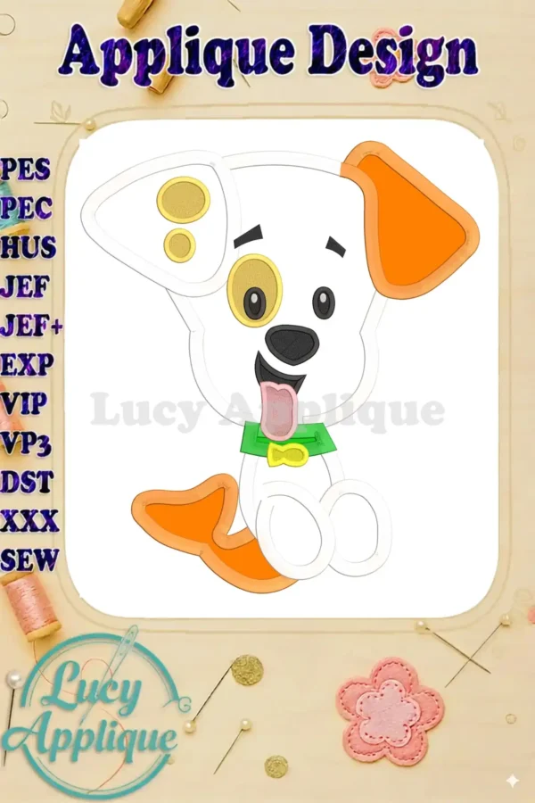 Adorable Puppy Bubble Guppies applique embroidery design, showcasing a charming puppy with orange and white patches, sitting with its tongue out and wearing a green collar with a bow tie. This is a digital design file.