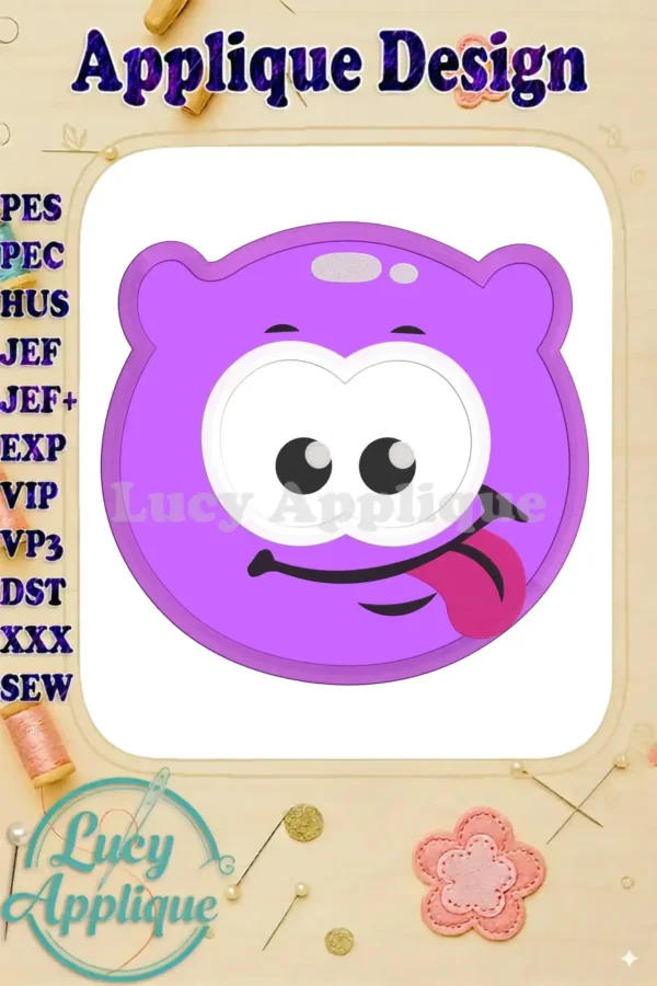 Main image showcasing a cute purple jelly applique embroidery design with big eyes and a tongue sticking out. Various machine embroidery file formats are listed.