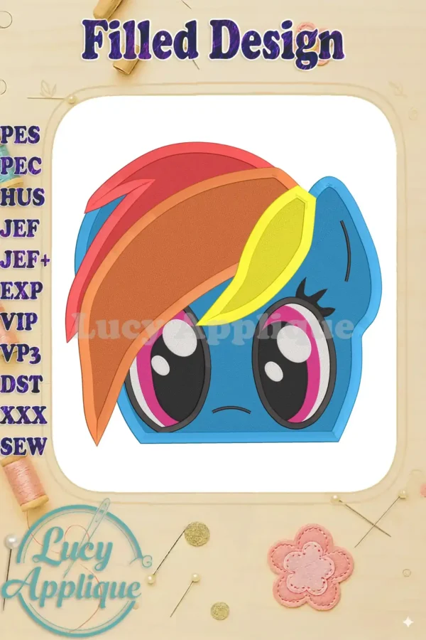 Rainbow Dash from My Little Pony, a filled embroidery design with vibrant rainbow hair, shown in a digital preview on a beige background with sewing elements.