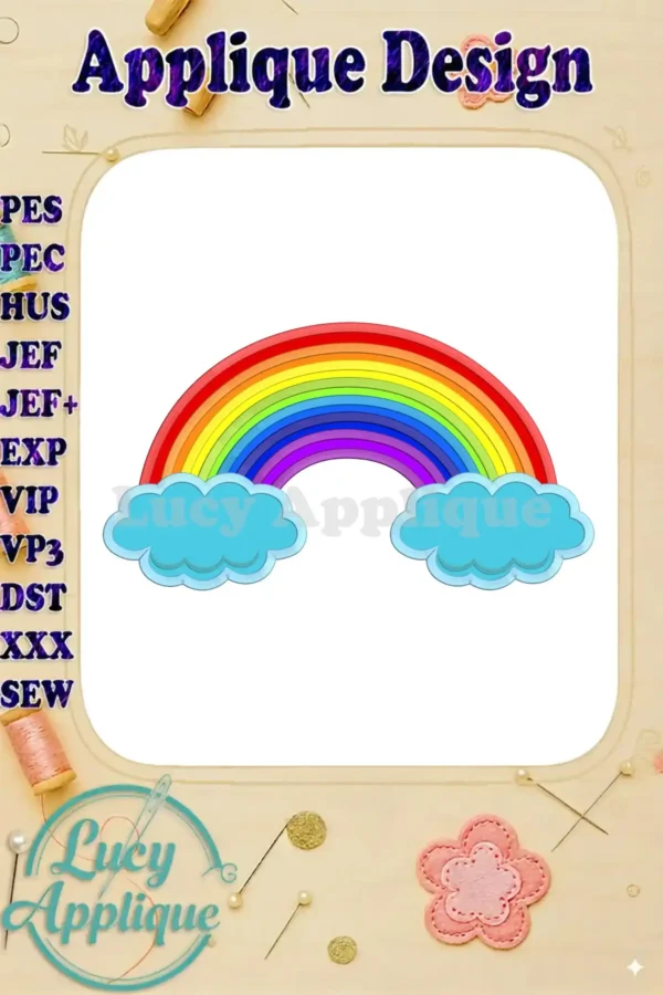 Main image showcasing a vibrant rainbow with fluffy clouds applique embroidery design, ready to be stitched. Various file formats are listed for different embroidery machines.