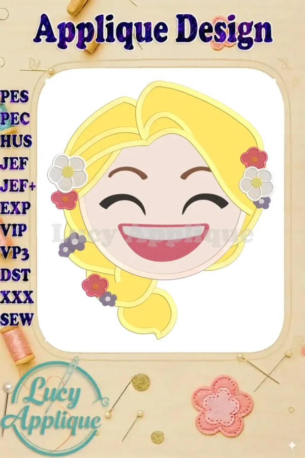 Main image showcasing a cheerful Rapunzel emoji applique embroidery design, featuring yellow hair, flowers, and a smiling face. Perfect for apparel or home decor.