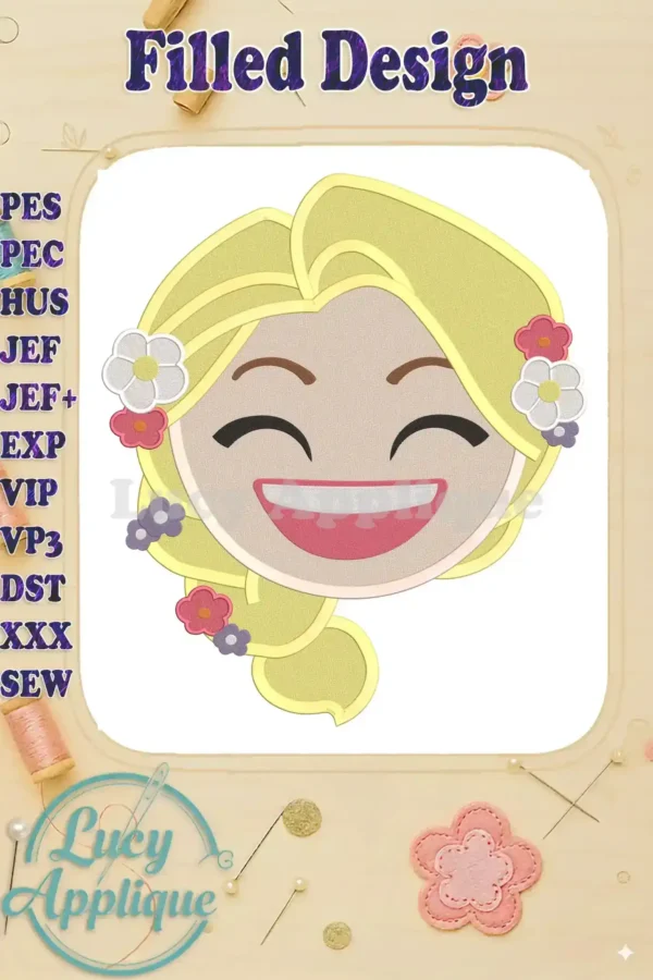 Charming Rapunzel emoji embroidery design with filled stitches. The design features Rapunzel's face with flowers. Perfect for embroidery projects.