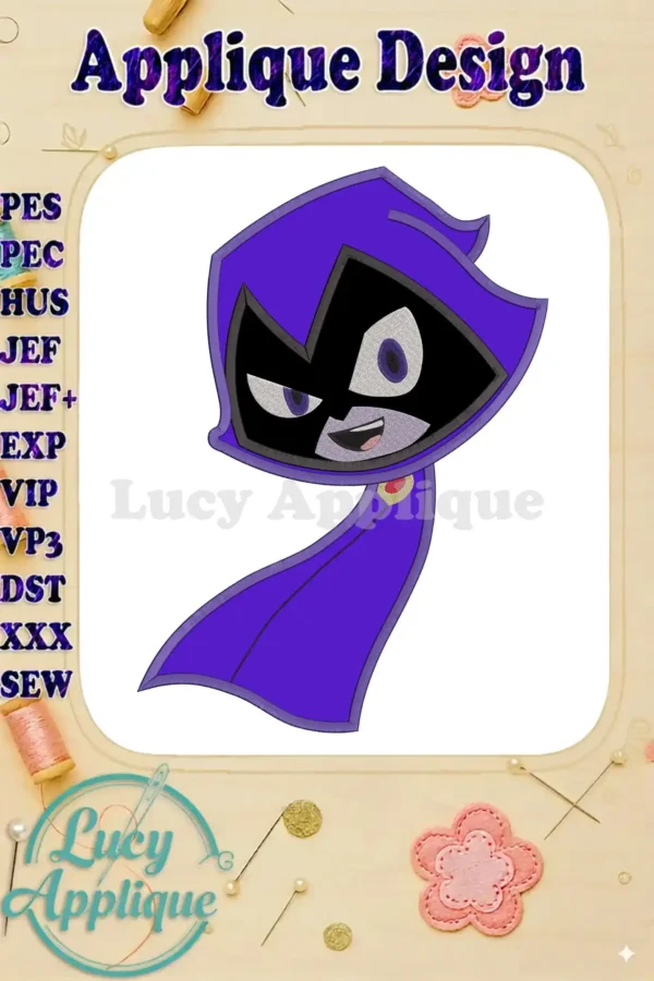 Embroidery design of Raven from Teen Titans Go! This applique design is shown in purple and features a simplified, cute character design. Perfect for kids' clothing or accessories.