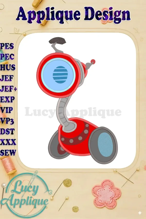Embroidery design of Ray Rusty Rivets, a red robot with a long neck and circular body, shown in applique style with various stitch types indicated.