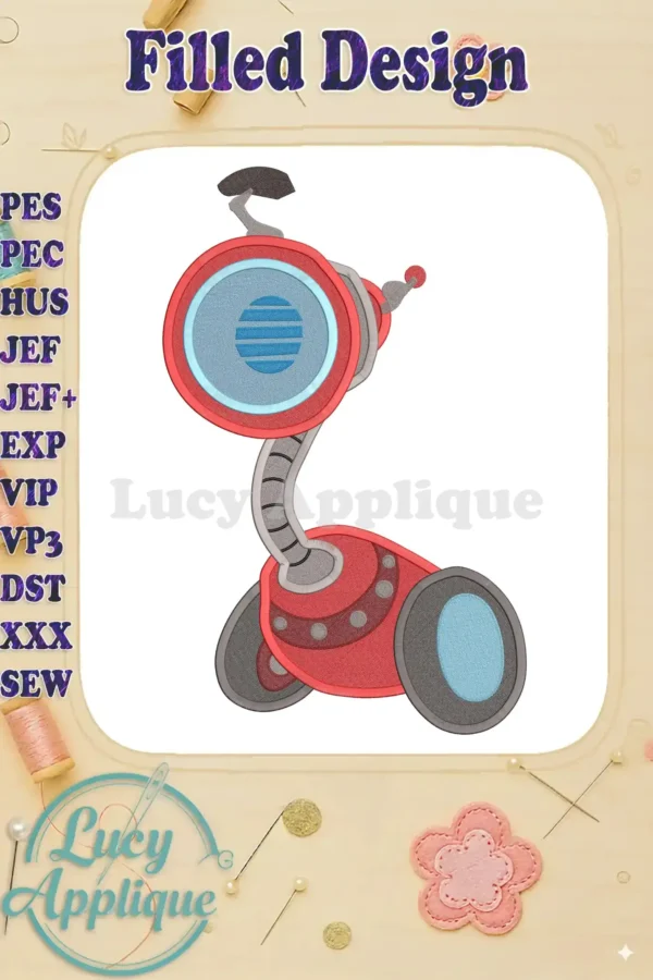 Embroidery design of Ray, the robot from Rusty Rivets. A filled stitch design with red, gray, and blue accents. Perfect for kids' clothing or accessories.