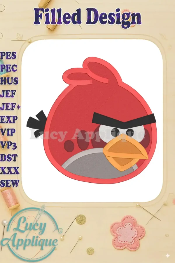 Main image showcasing a filled stitch embroidery design of Red Angry Bird, featuring vibrant colors and detailed features. Perfect for adding a playful touch to your projects.