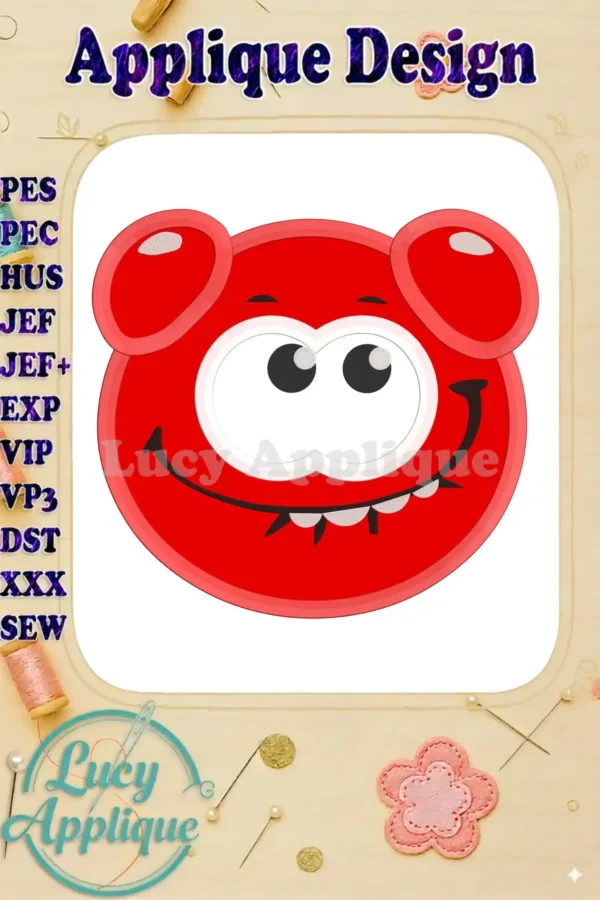 Main image showcasing a cute red jelly applique embroidery design, perfect for adding a playful touch to various projects. The design includes cheerful eyes and a wide smile.