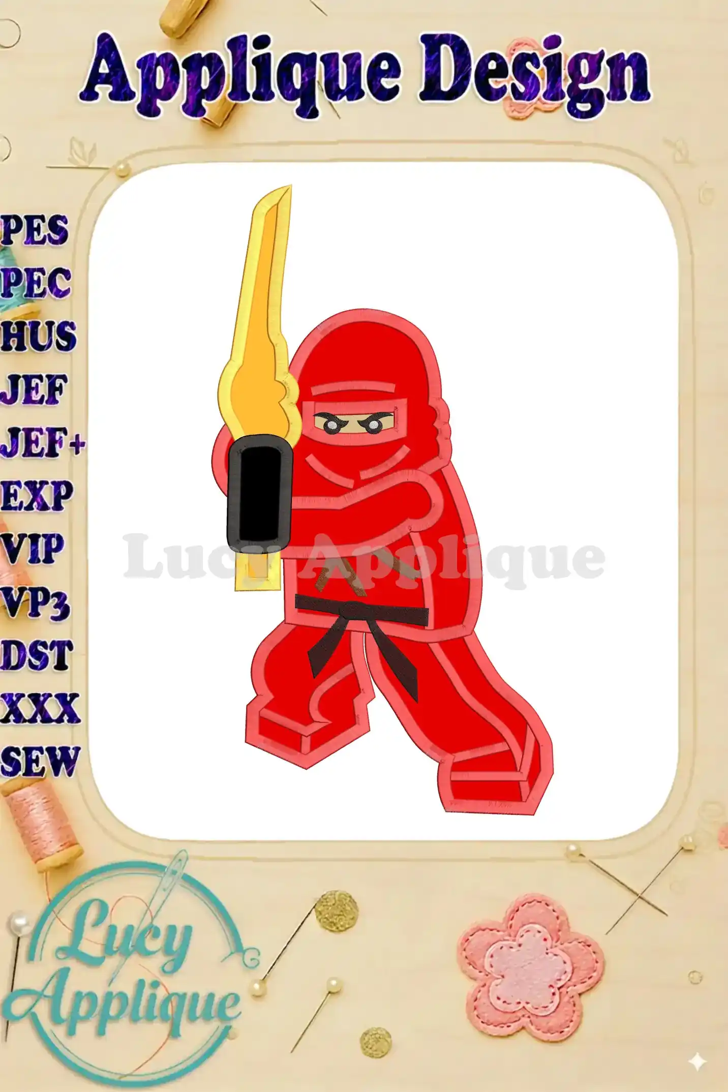 Embroidery design of a red Lego ninja wielding a gold sword. Applique design with detailed instructions. Perfect for adding a fun touch to your projects!