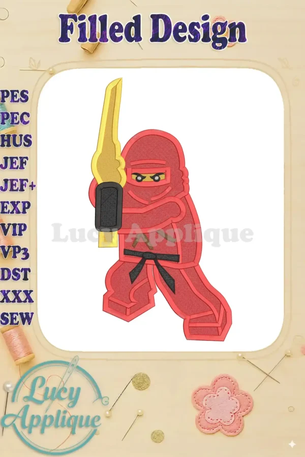 Embroidery design of a red Lego ninja wielding a gold sword. Filled design, perfect for apparel or home decor projects. Multiple formats included.