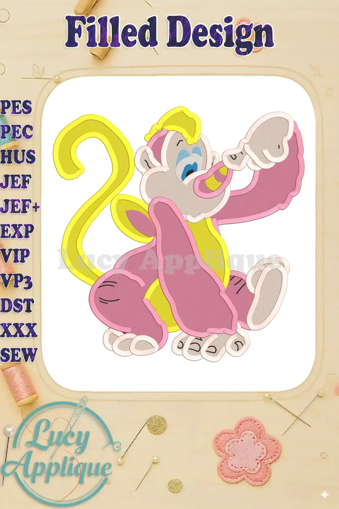 Embroidery design of Rhinokey, a Wuzzles character, in pink and yellow. The design is a filled design, suitable for various embroidery machines.