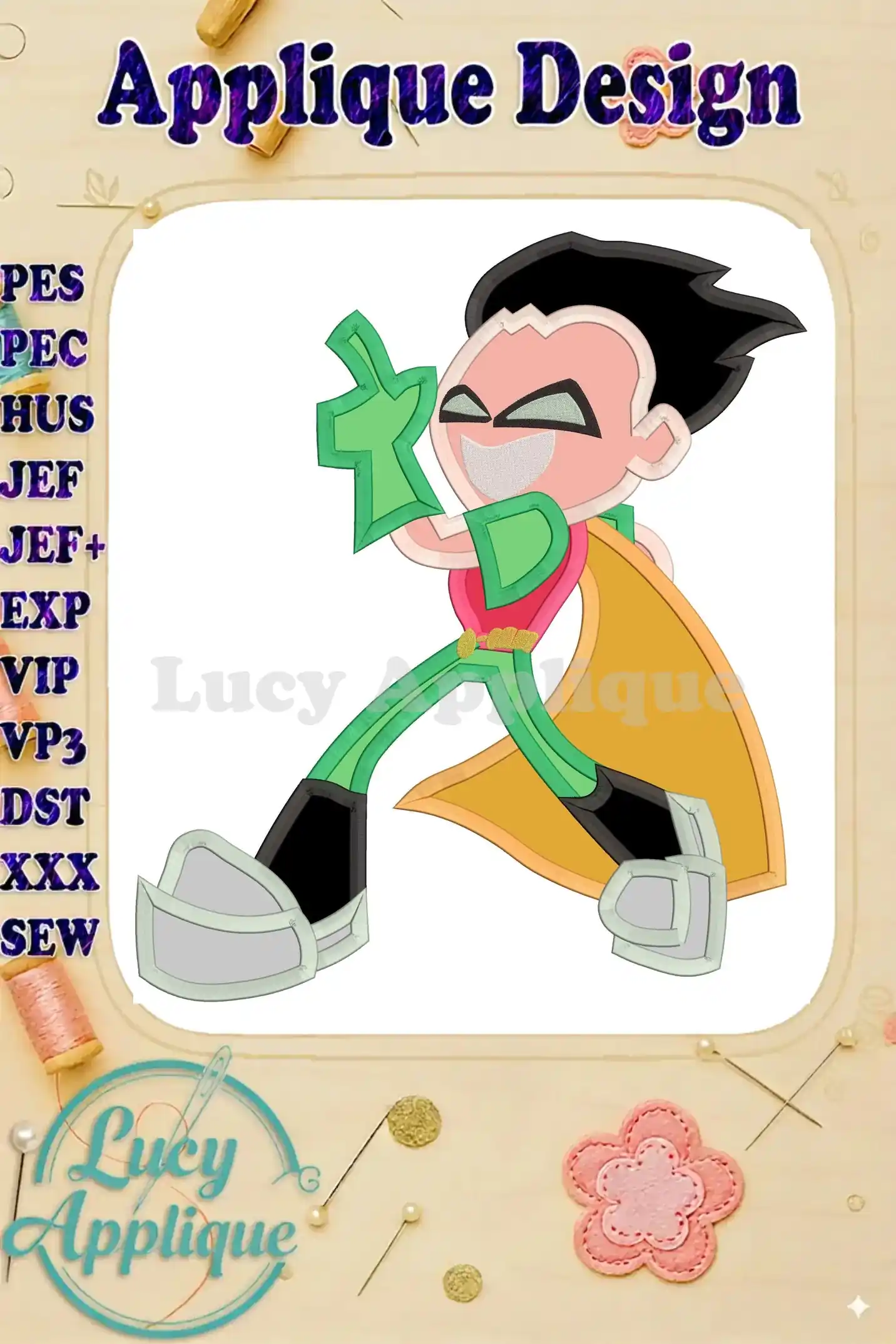 Embroidery design of Robin from Teen Titans Go!, ready to be stitched. The applique design shows Robin in action, with vibrant colors and detailed features.