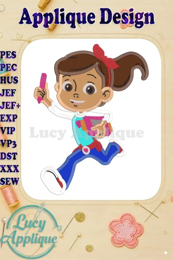 Main image of Ruby Ramirez Rusty Rivets applique design. Shows a running girl with a crayon and book. Colorful and cute!