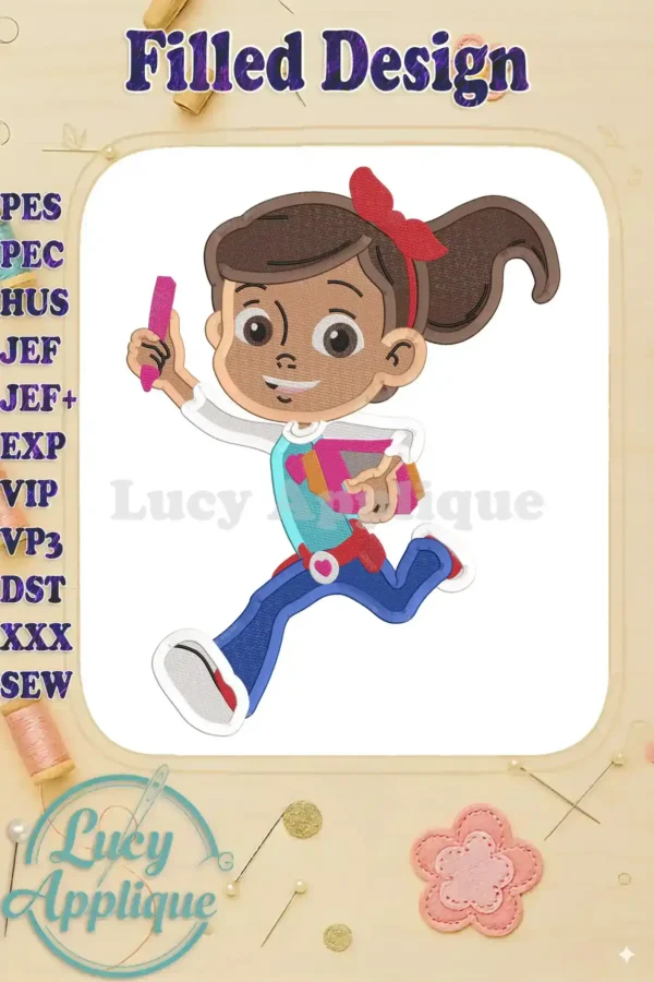 Embroidery design of Ruby Ramirez from Rusty Rivets, running and holding a marker and books. A filled design, perfect for adding to clothing or accessories.
