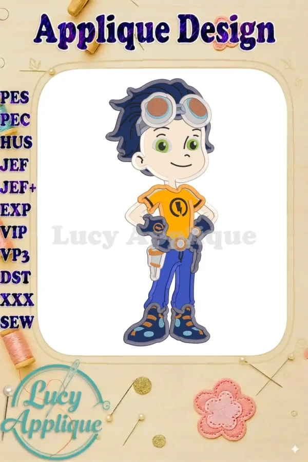 Rusty Rivets applique design, showing the main character in his signature outfit, ready to be stitched. Includes various file formats.