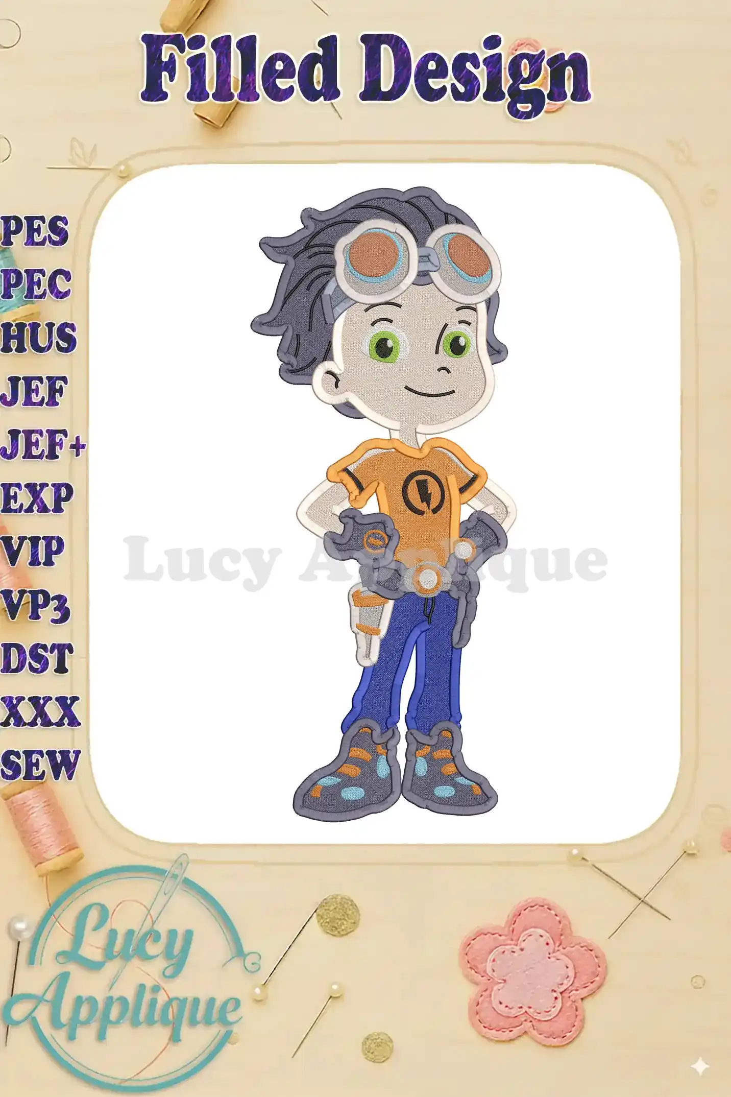 Embroidery design of Rusty Rivets, a cartoon character, in filled stitch. The design is shown on a white background with a decorative border.