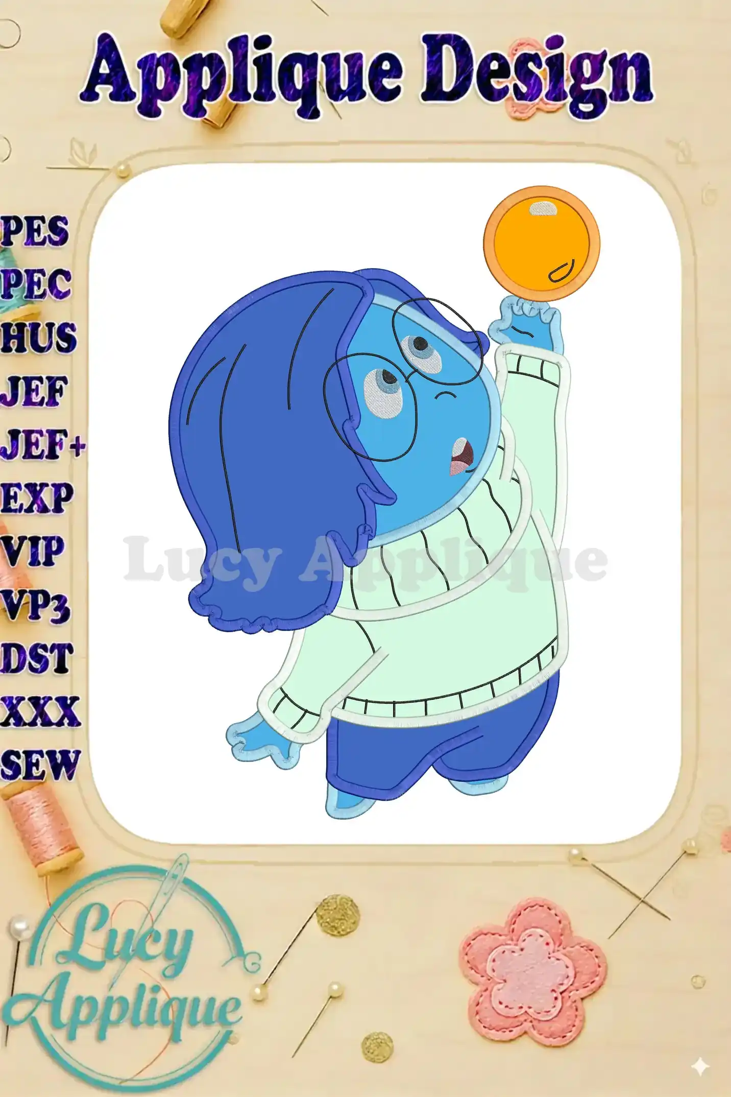 Embroidery design of Sadness from Inside Out, holding a yellow orb, in an applique style. The design is shown on a light background with embellishments.