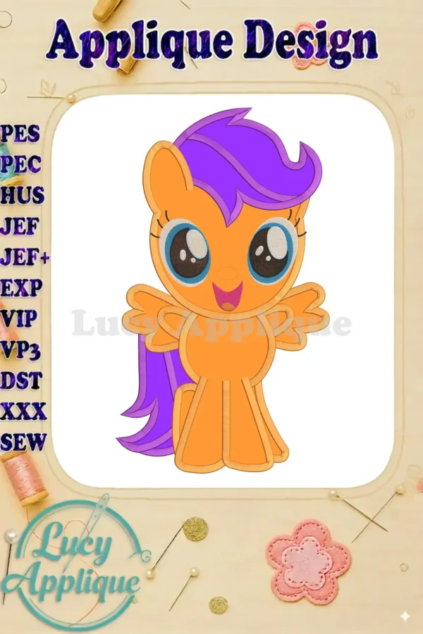 Embroidery design of Scootaloo from My Little Pony, shown as an applique. The design is bright orange and purple, and includes various file formats.