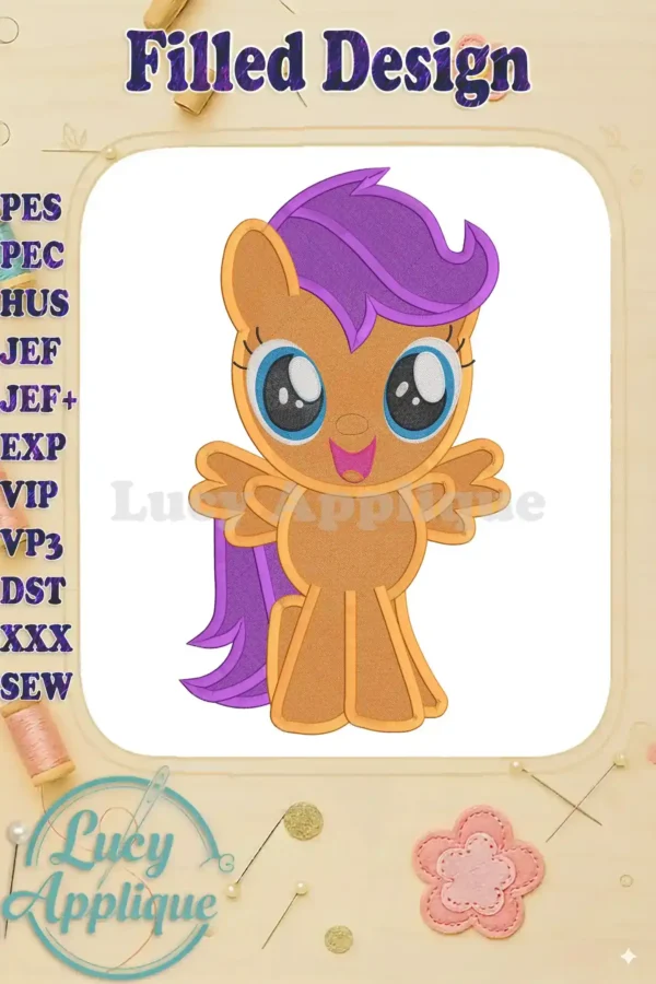Embroidery design of Scootaloo from My Little Pony, showcasing a filled stitch style. The design is presented on a beige background with decorative elements.