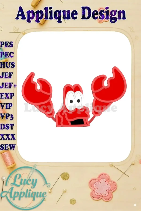Sebastian the crab applique embroidery design. A charming cartoon crab with big eyes and claws, ready to be stitched onto your projects. Perfect for kids' clothes!