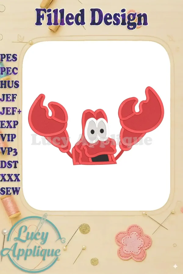 Sebastian, the crab from Disney's The Little Mermaid, in a charming filled machine embroidery design. Red and white color scheme, cheerful expression.