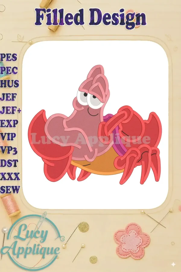 Embroidery design of Sebastian, the crab from Disney's The Little Mermaid. He's depicted in a charming, filled stitch style, perfect for adding a whimsical touch to your projects.