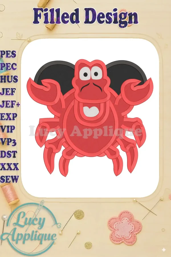A charming filled machine embroidery design of Sebastian, the crab from Disney's The Little Mermaid, showcasing his cheerful expression and vibrant red color.