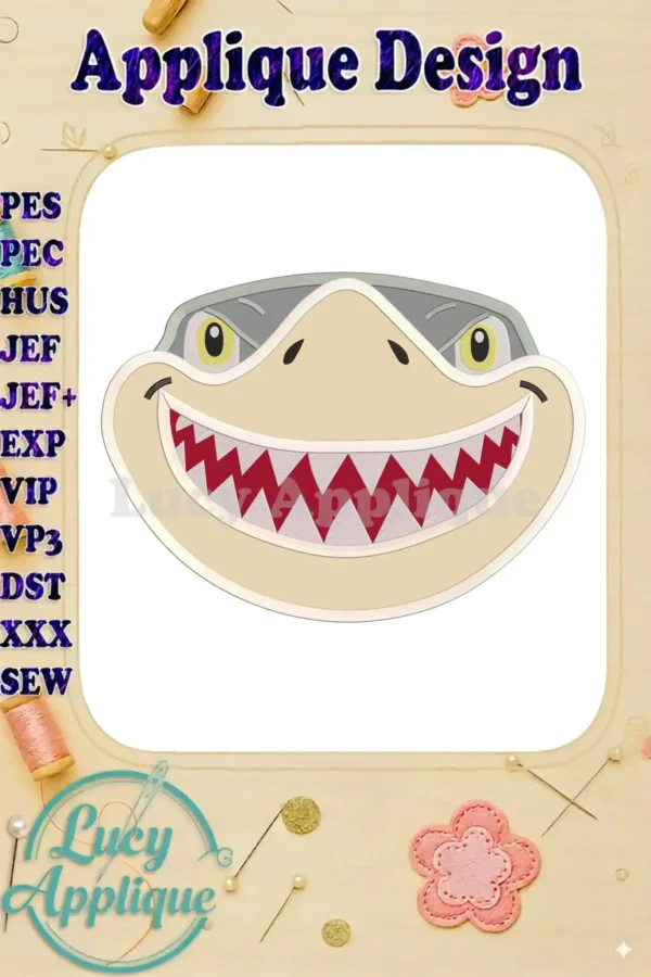 Adorable applique design of Sharky Baby Shark's head, featuring a cheerful expression and detailed stitching. Perfect for adding a fun touch to any project.