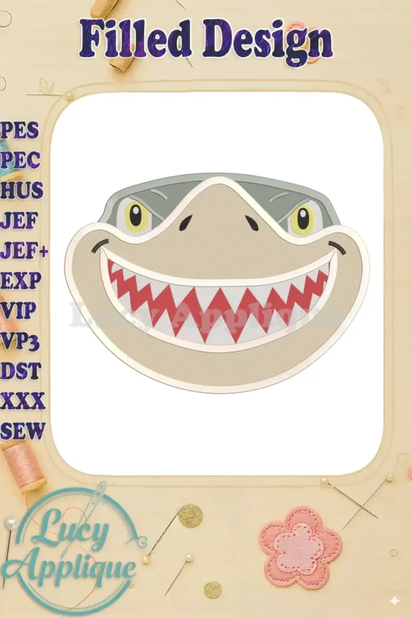 Embroidery design of Sharky Baby Shark's smiling head, filled design, ready to stitch. Ideal for adding a fun touch to various projects.