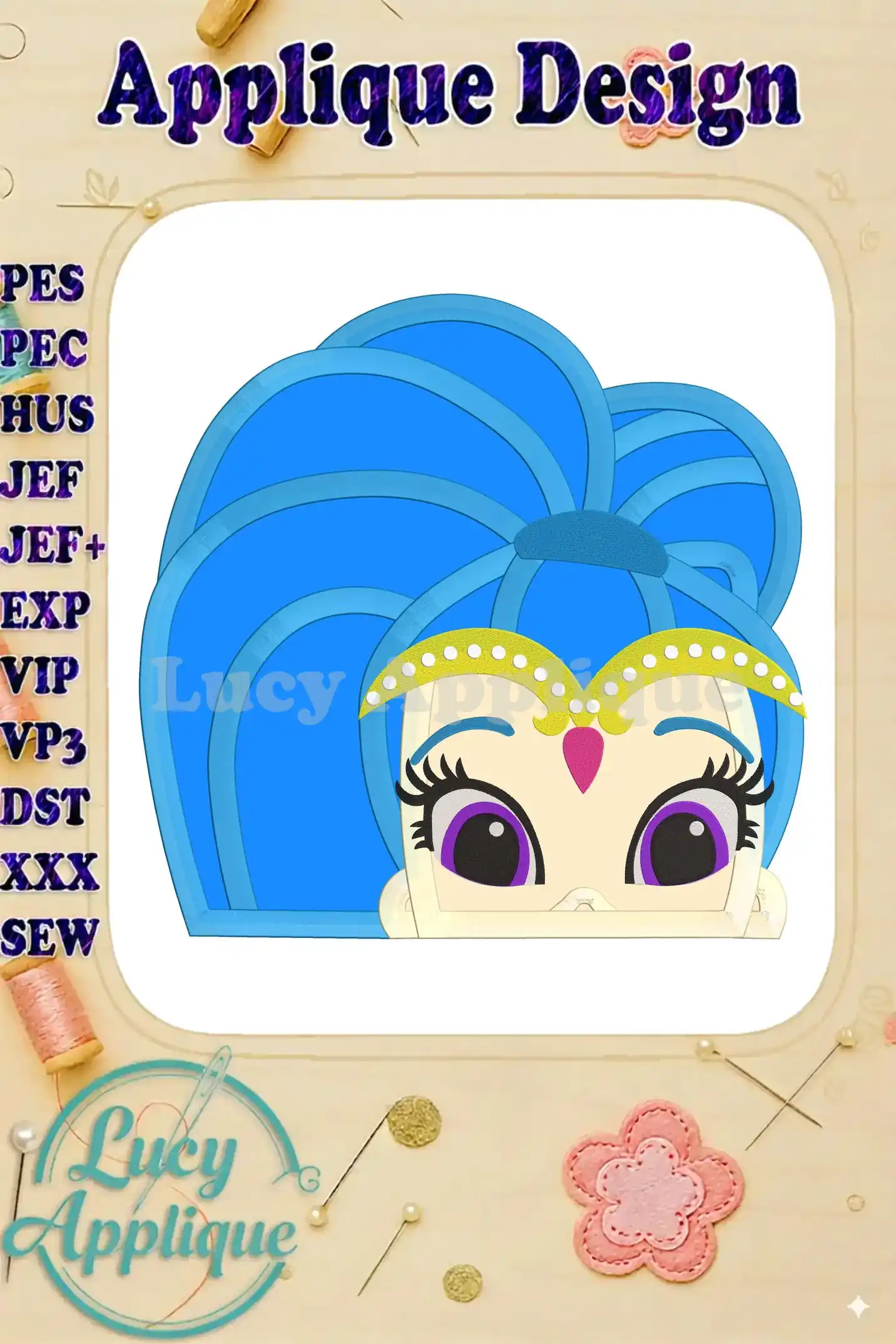 Shimmer and Shine applique embroidery design, featuring Shimmer's face. The design is shown in a digital preview, ready to be stitched. Includes various file formats.