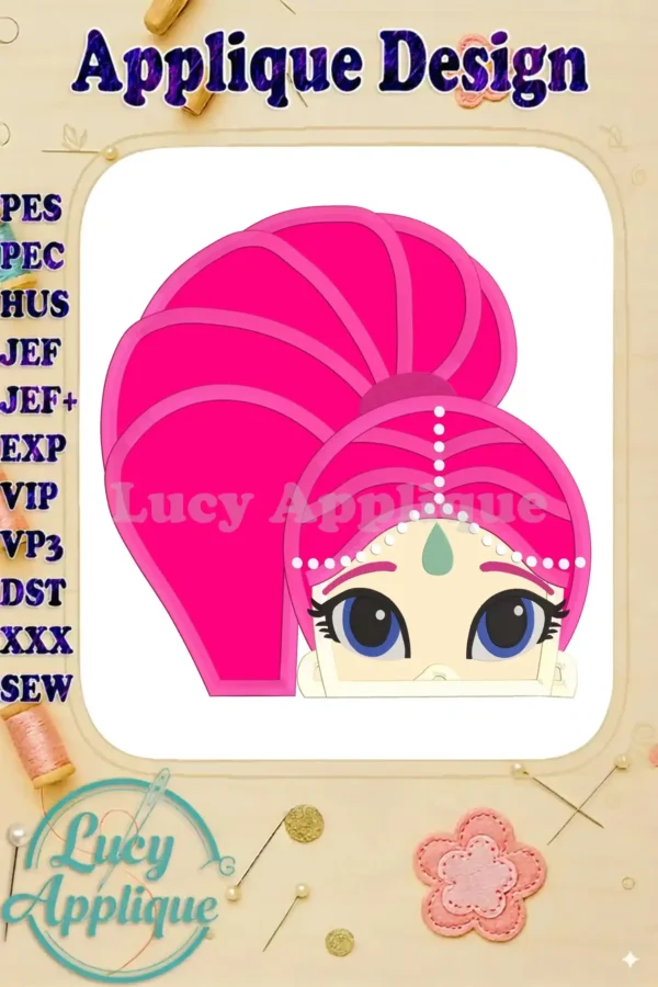 Shimmer and Shine Applique Embroidery Design. A bright pink and white applique featuring Shimmer's face, perfect for adding a magical touch to clothing or home decor.