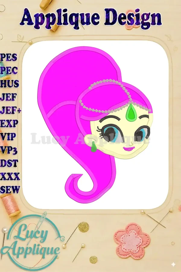Shimmer and Shine applique embroidery design. A vibrant pink and purple design of Shimmer's face, perfect for adding sparkle to your projects.