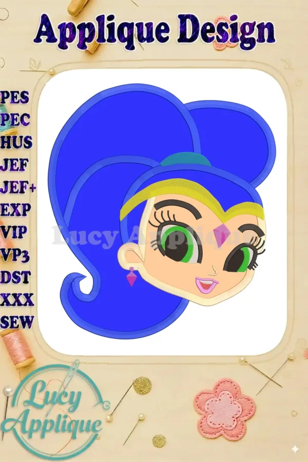 Shimmer and Shine applique embroidery design, featuring a detailed close-up of the character's face. The design is vibrant and colorful, perfect for adding a touch of magic to any project.