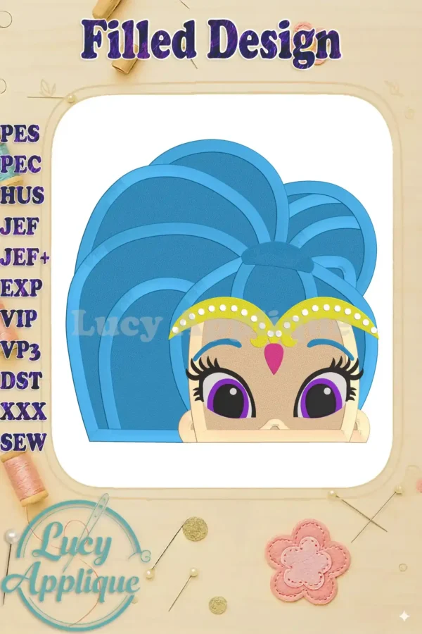 Embroidery design of Shimmer, from Shimmer and Shine, in a filled style. The design shows Shimmer's face and hair, ready to be stitched.