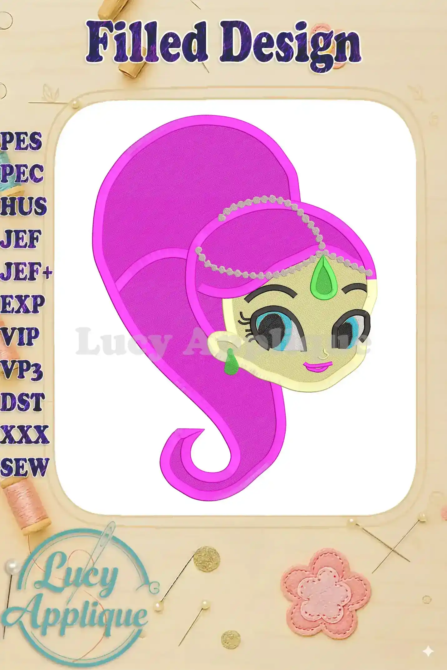 A vibrant filled embroidery design of Shimmer from Shimmer and Shine, showcasing her signature pink hair and outfit. Perfect for machine embroidery.