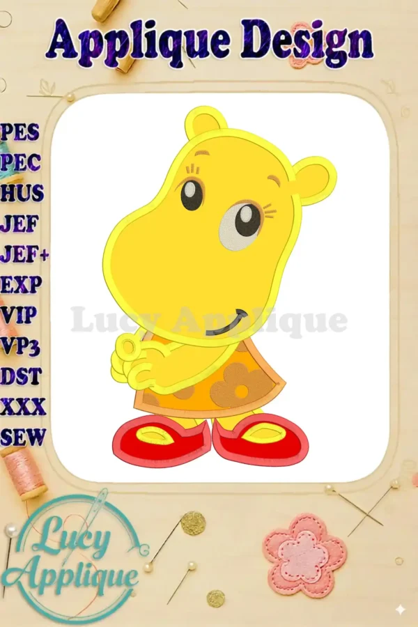 Adorable applique design of Shy Tasha from the Backyardigans, showcasing her signature outfit and sweet expression. Perfect for adding a playful touch to any project.