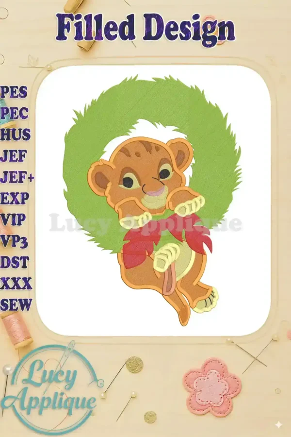 Embroidery design featuring Simba in a Christmas wreath, showcasing filled stitches and vibrant colors, perfect for festive projects.
